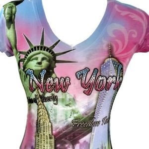 Miss Posh New York V Neck T-shirt Rhinestones XS